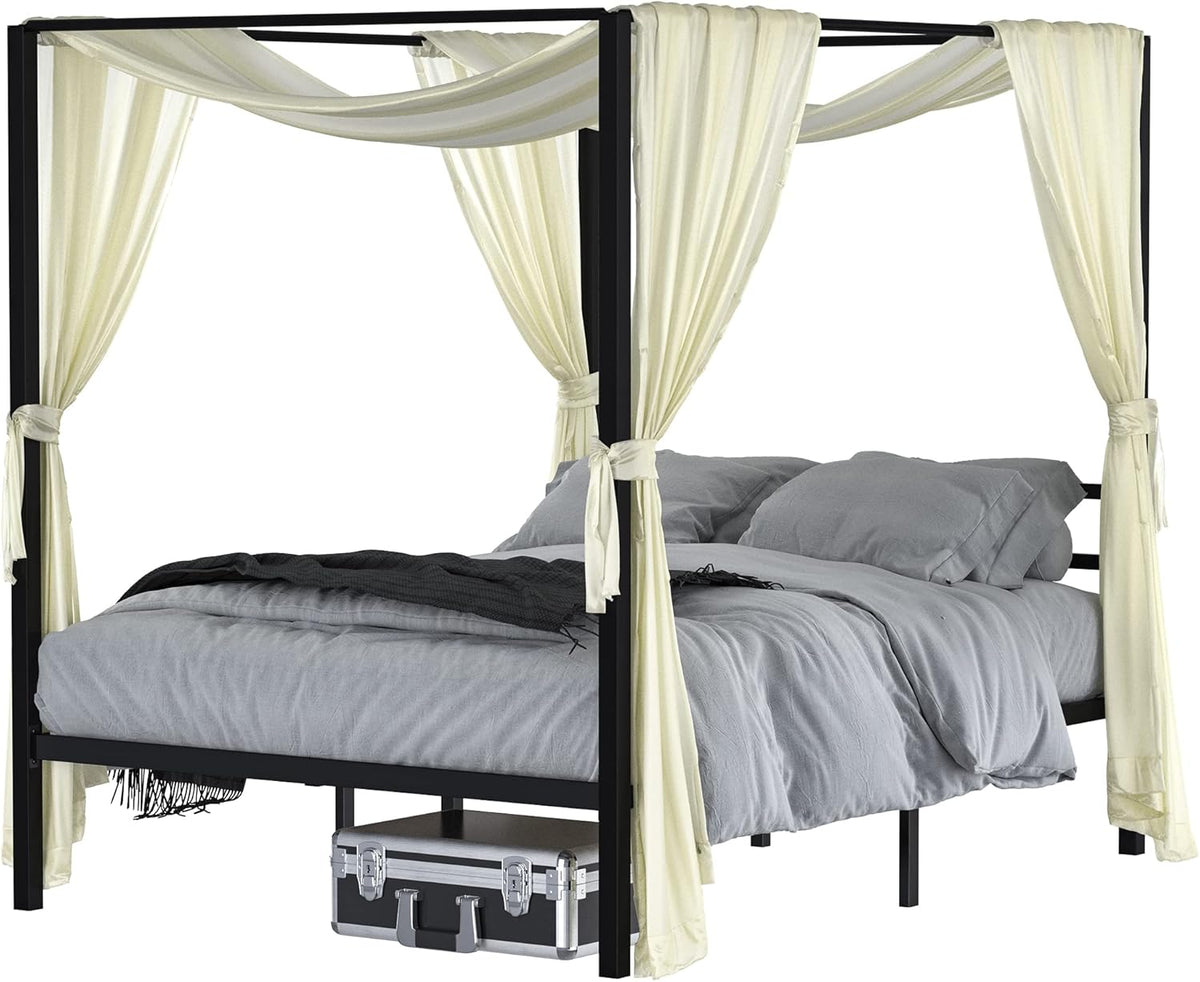 Queen Size Metal Canopy Bed Frame with Built-in Headboard Y398795