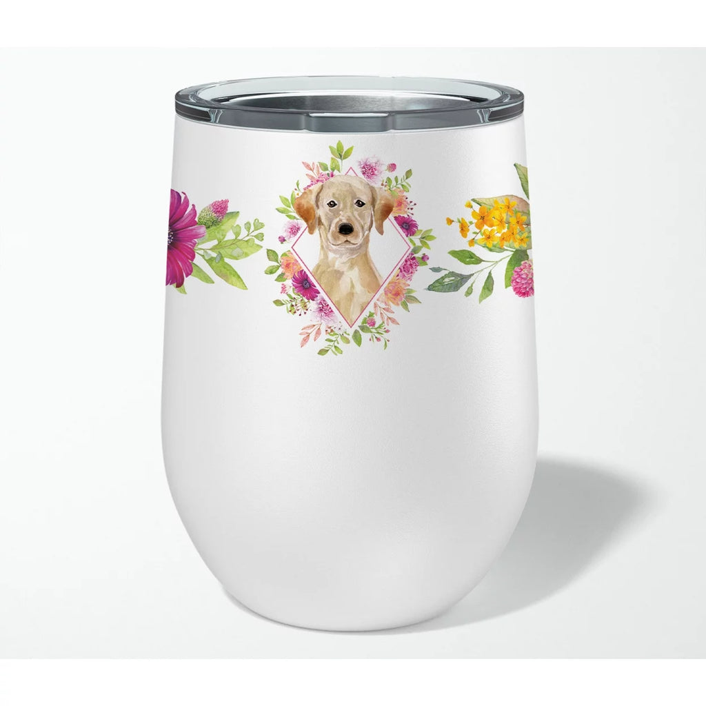 Yellow Lab Pink Flowers Stainless Steel 12 oz Stemless Wine Glass F66070