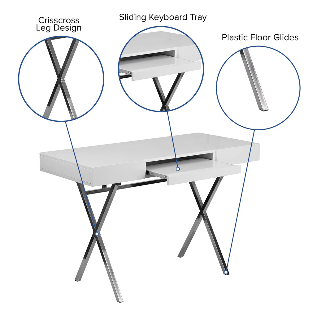White Computer Desk with Keyboard Tray and Drawers Y697518
