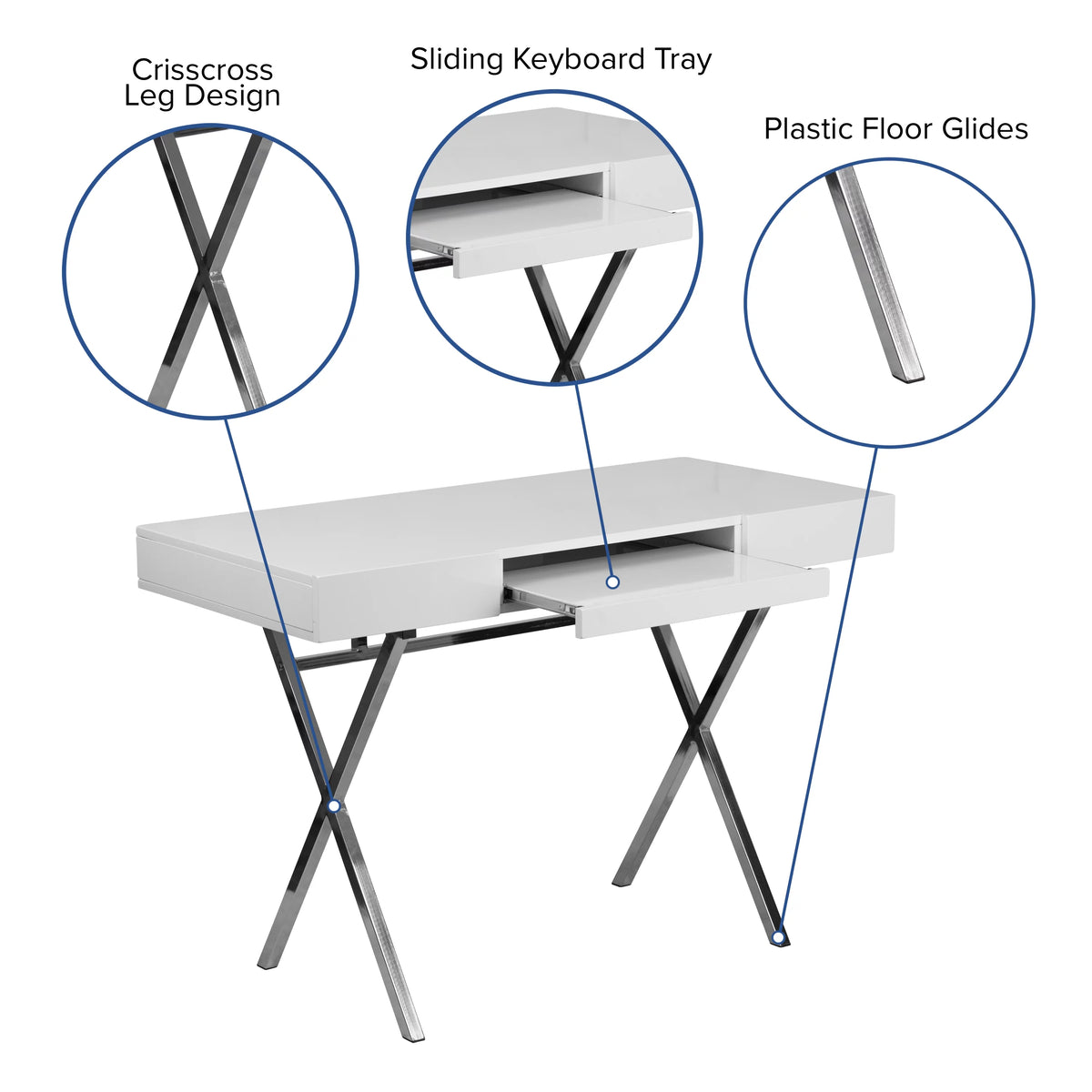 White Computer Desk with Keyboard Tray and Drawers Y697518