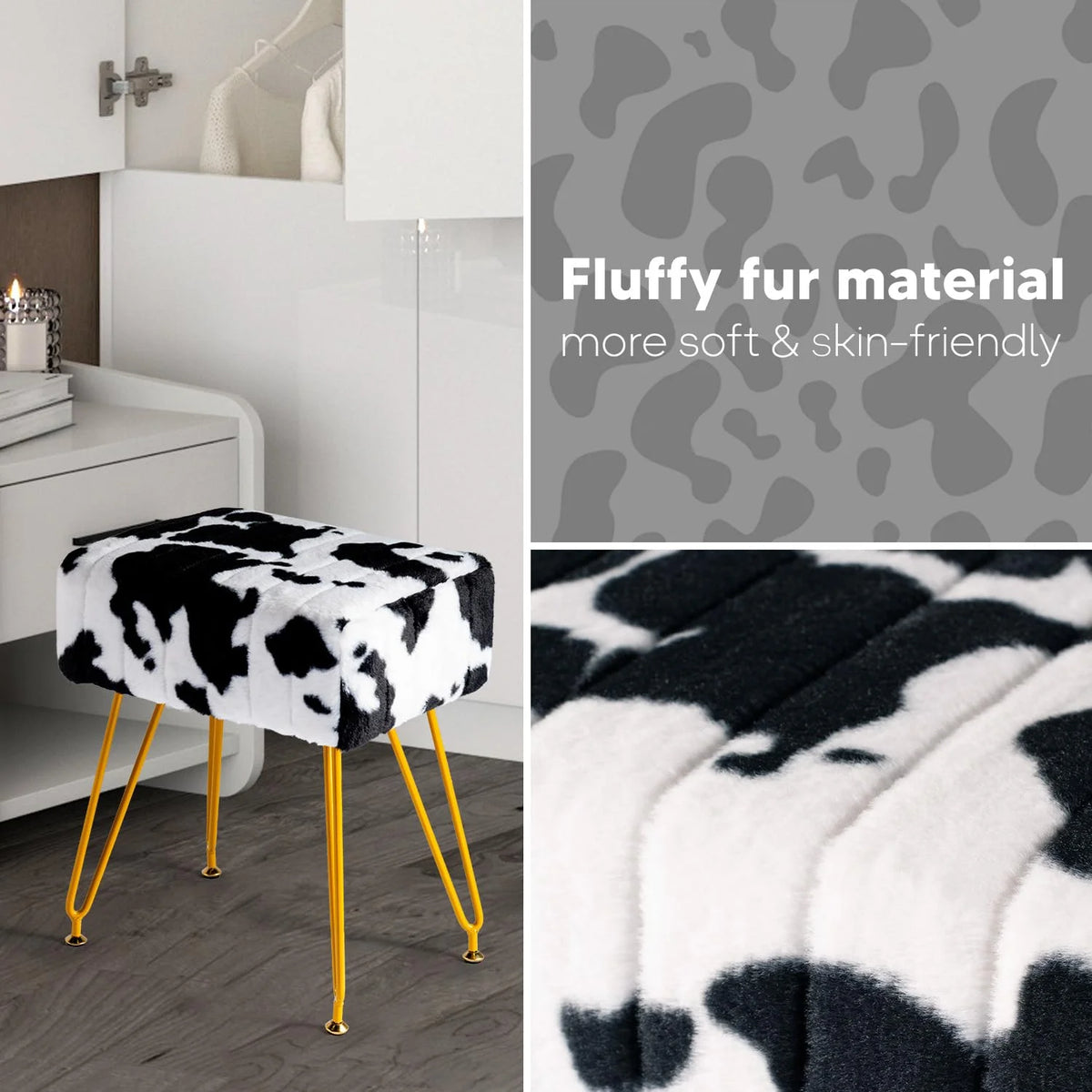 Faux Fur Vanity Stool with Golden Metal Legs A231132