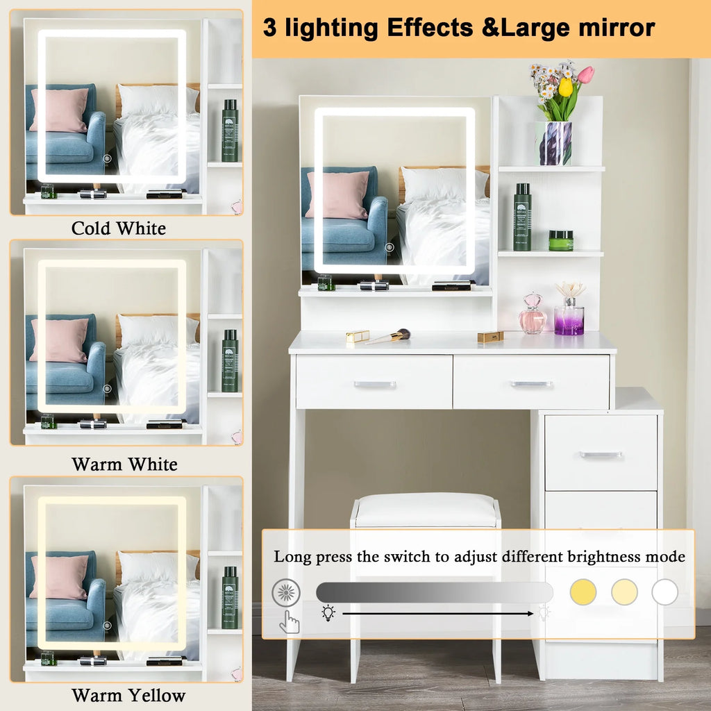 White Vanity Set with Lighted Mirror, Drawers and Stool G68881