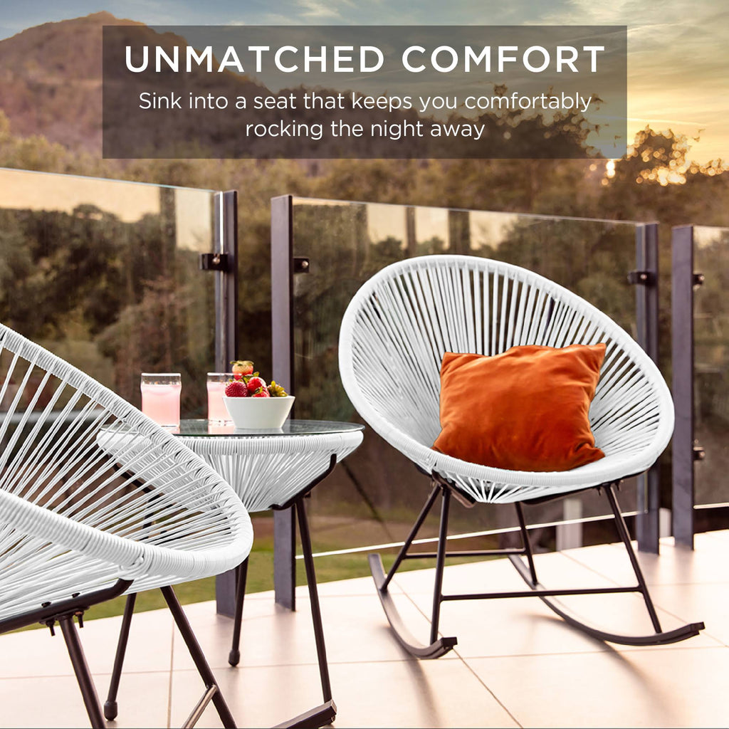 3-Piece White Patio Woven Rope Bistro Furniture Set with Rocking Chairs and Table J953