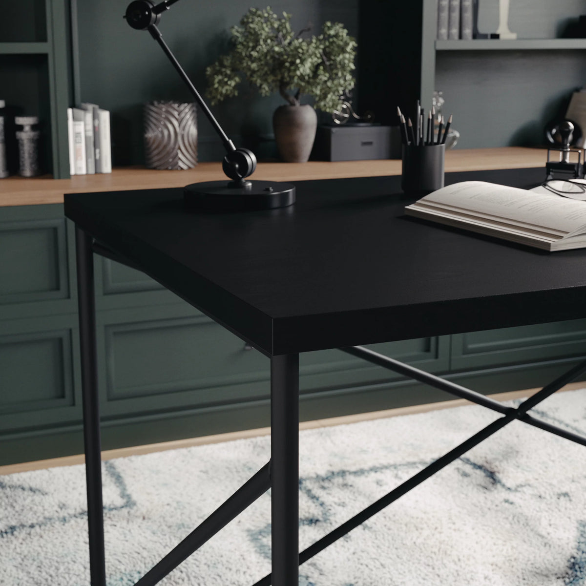 Black Wood Grain Parsons Desk with Metal X-Frame Y7546