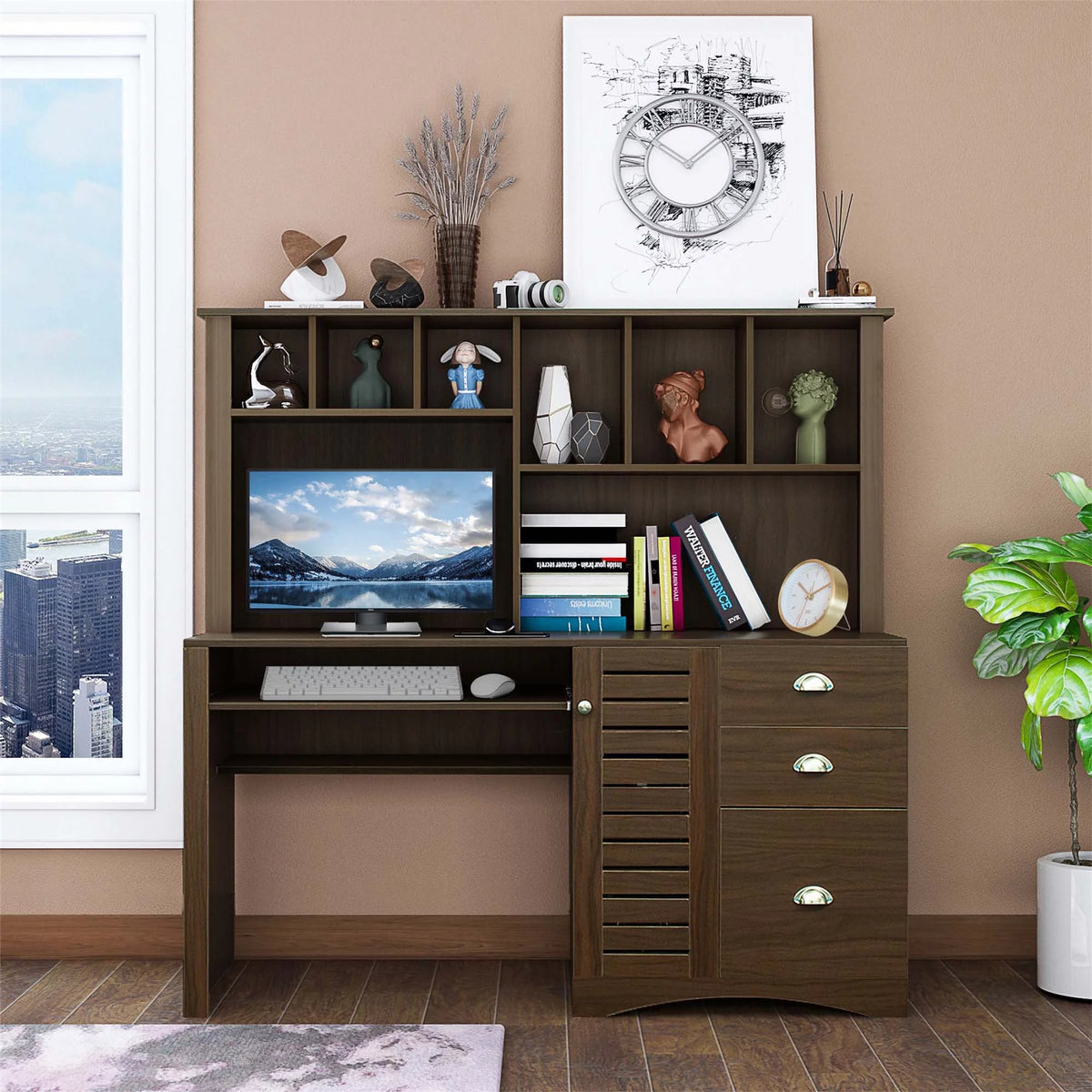 Walnut Computer Desk with Hutch and 3 Drawers U92458