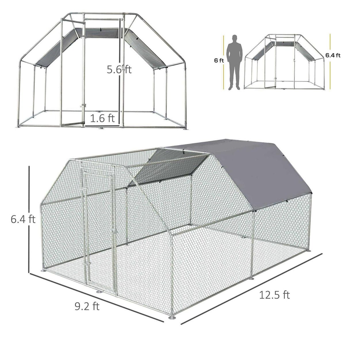 Galvanized Metal Chicken Coop with Cover Walk-In Pen Run U9108