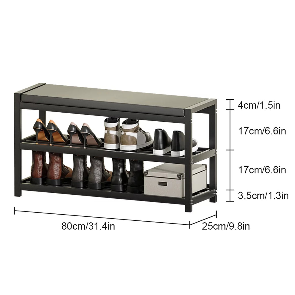 2-Tier Gray Shoe Rack Bench with Vegan Leather Seat Q85805