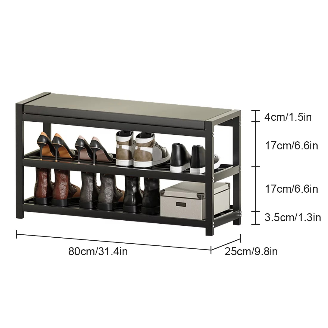 2-Tier Gray Shoe Rack Bench with Vegan Leather Seat Q85805