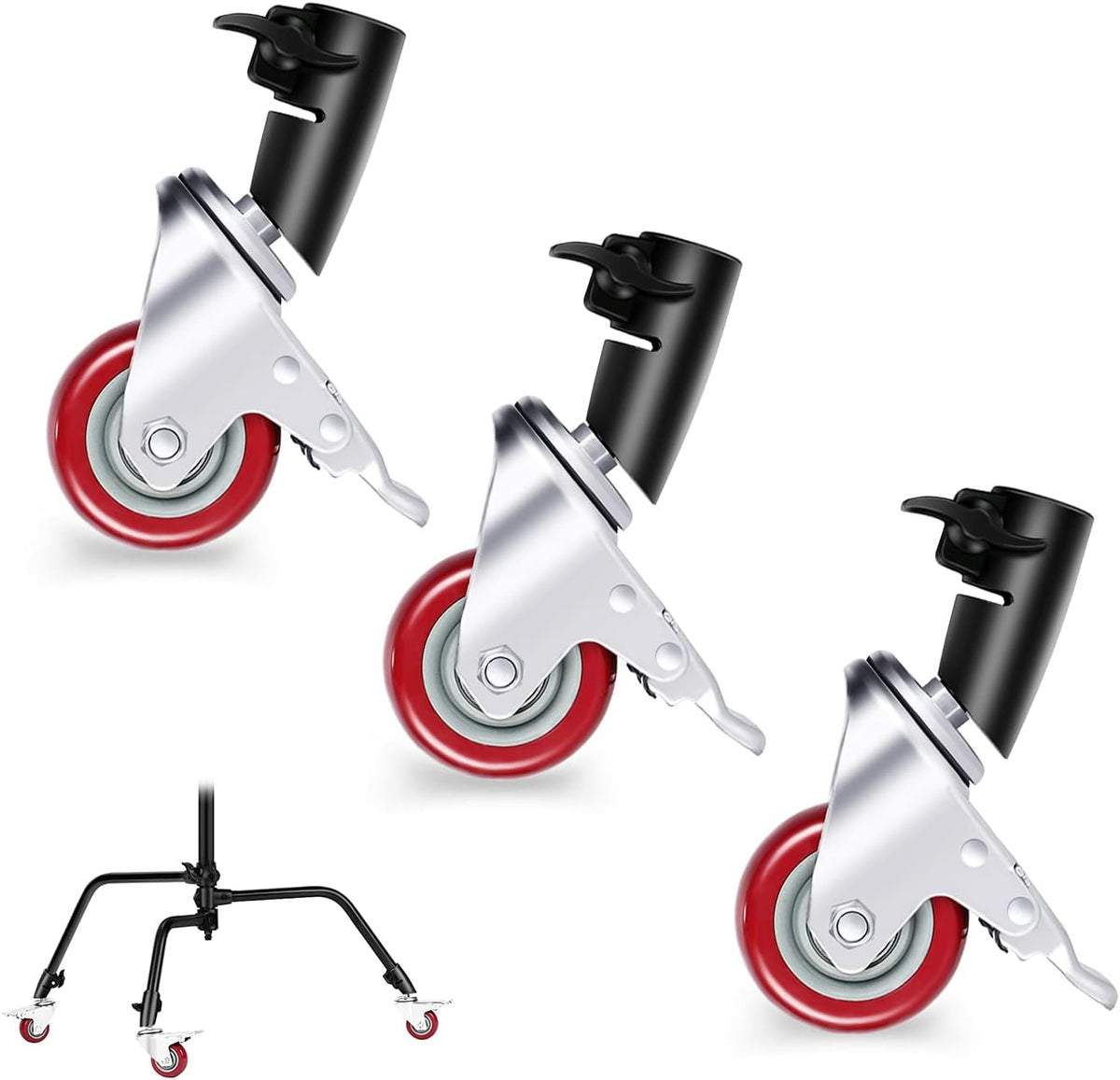 3-Pack Swivel Caster Wheels Set with 75mm Diameter, Durable Metal Construction and Rubber Base (Black) D998