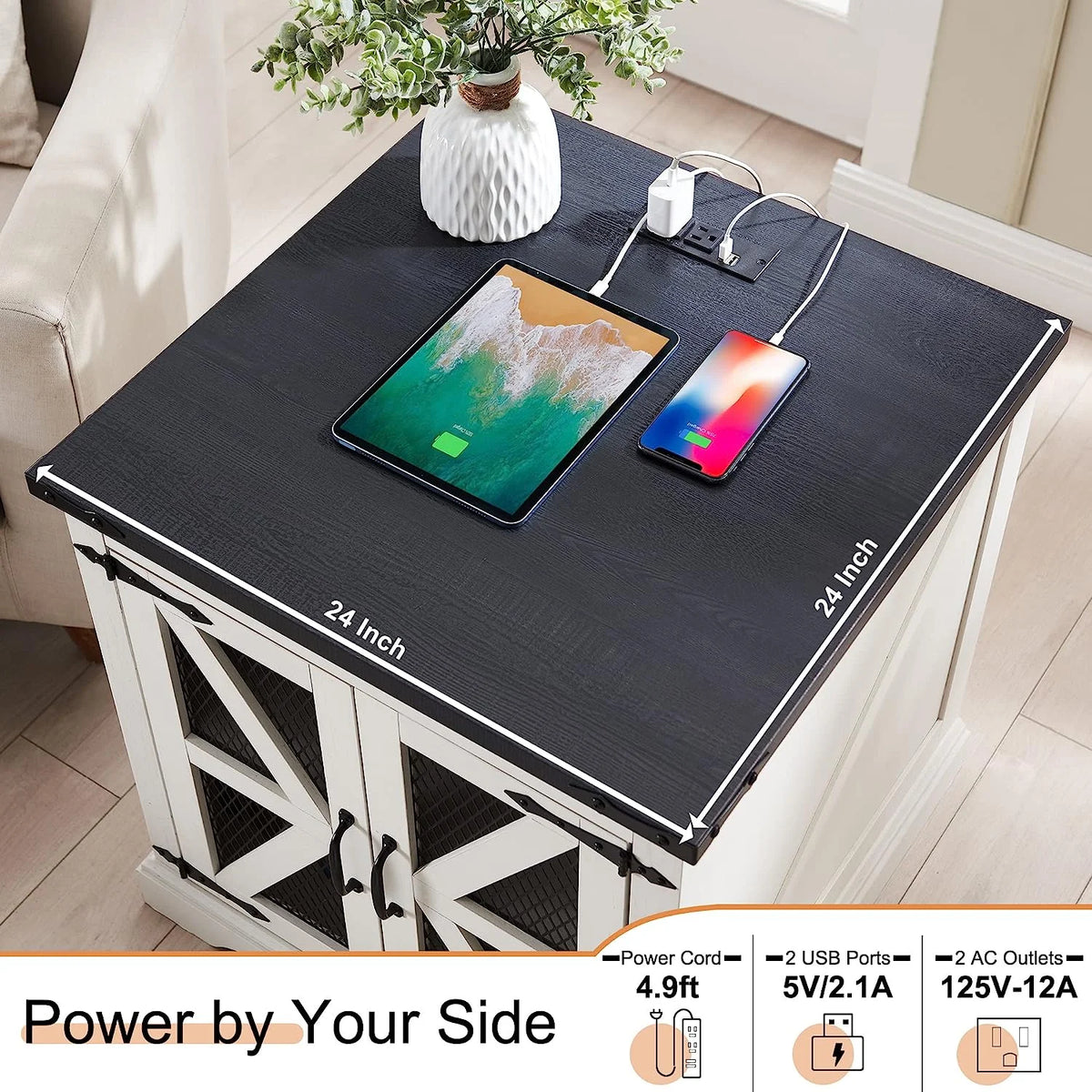 White Farmhouse End Table with Charging Station V539