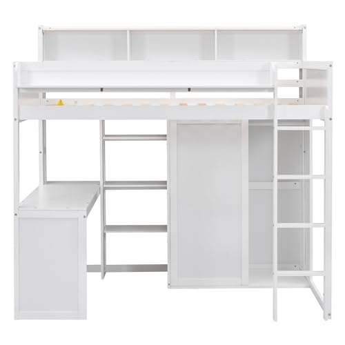 White Twin Size Solid Wood Loft Bed with Desk and Wardrobe I21604