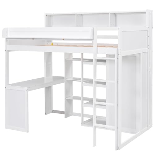 White Twin Size Solid Wood Loft Bed with Desk and Wardrobe I21604